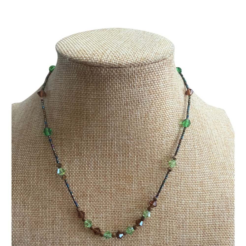 Handmade Beaded Crystal Necklace Green Brown Iridescent  Boho Layering Earthy